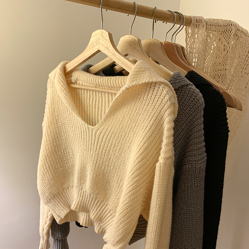 Actual shot of sweater women's new style lazy style high-end lapel long-sleeved loose design sweater