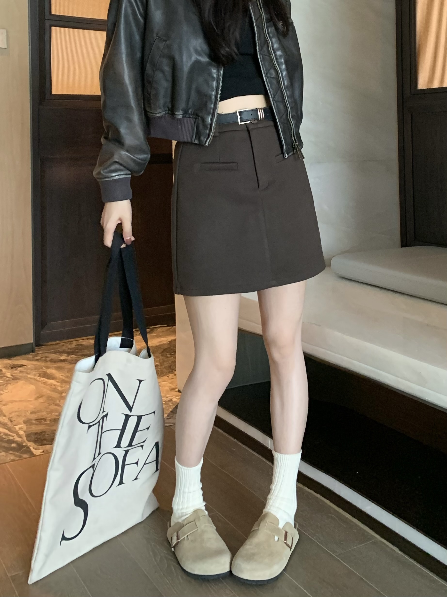 Real shot ~ A-line thick woolen suit short skirt high-waisted slimming skirt