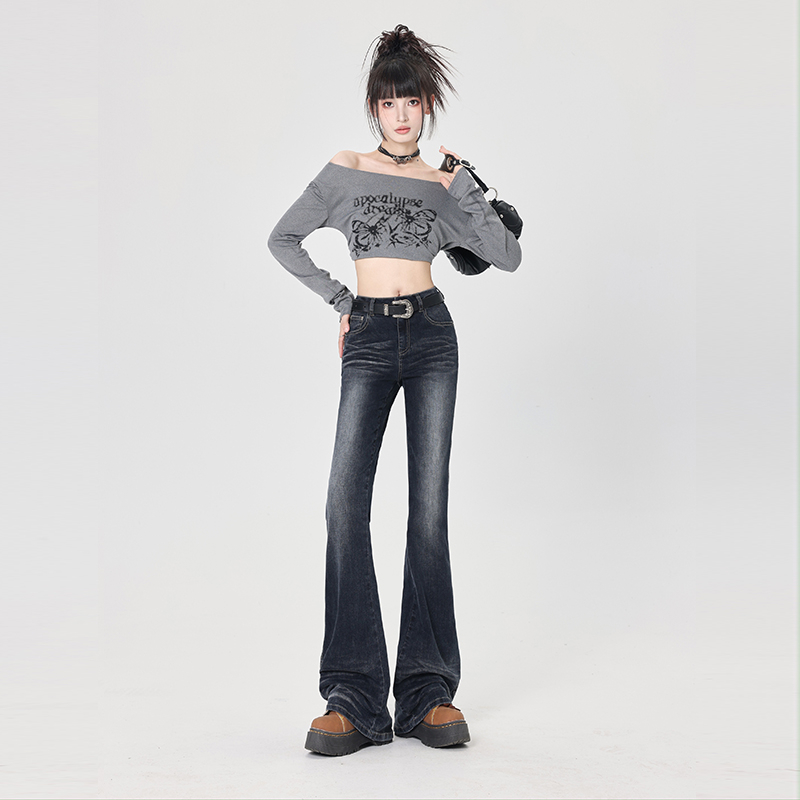 實拍2023秋季新款喇叭美式復古高腰顯瘦百搭拖地牛仔褲女