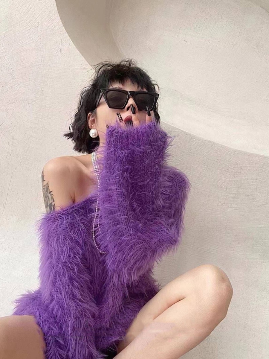 2023 new autumn sweater for women solid color slope collar furry soft waxy niche versatile loose lazy style long sleeves