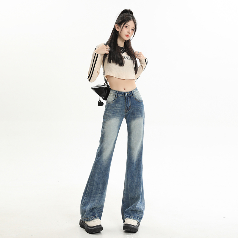 實拍2023美式復古低腰微喇牛仔褲流線水洗藍做舊牛仔褲女