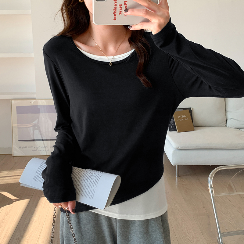 實拍設計感假兩件圓領長袖t恤女早春新款寬鬆顯瘦小眾疊穿打底衫