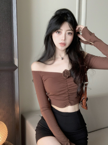 Actual shot of pure lust sexy big V-neck slim fit three-dimensional flower stitching pleated long-sleeved T-shirt top
