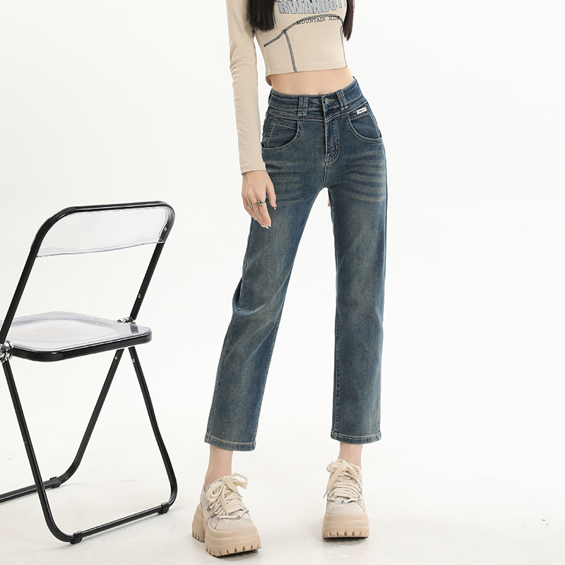 實拍2023美式窄版褲女秋季新品修身顯瘦高腰煙管褲直筒牛仔褲