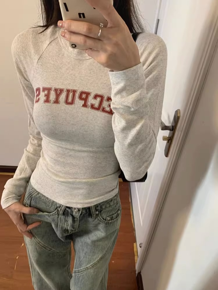 1*1純棉 黑標原版質量純欲辣妹短款長袖t恤女春季修身上衣