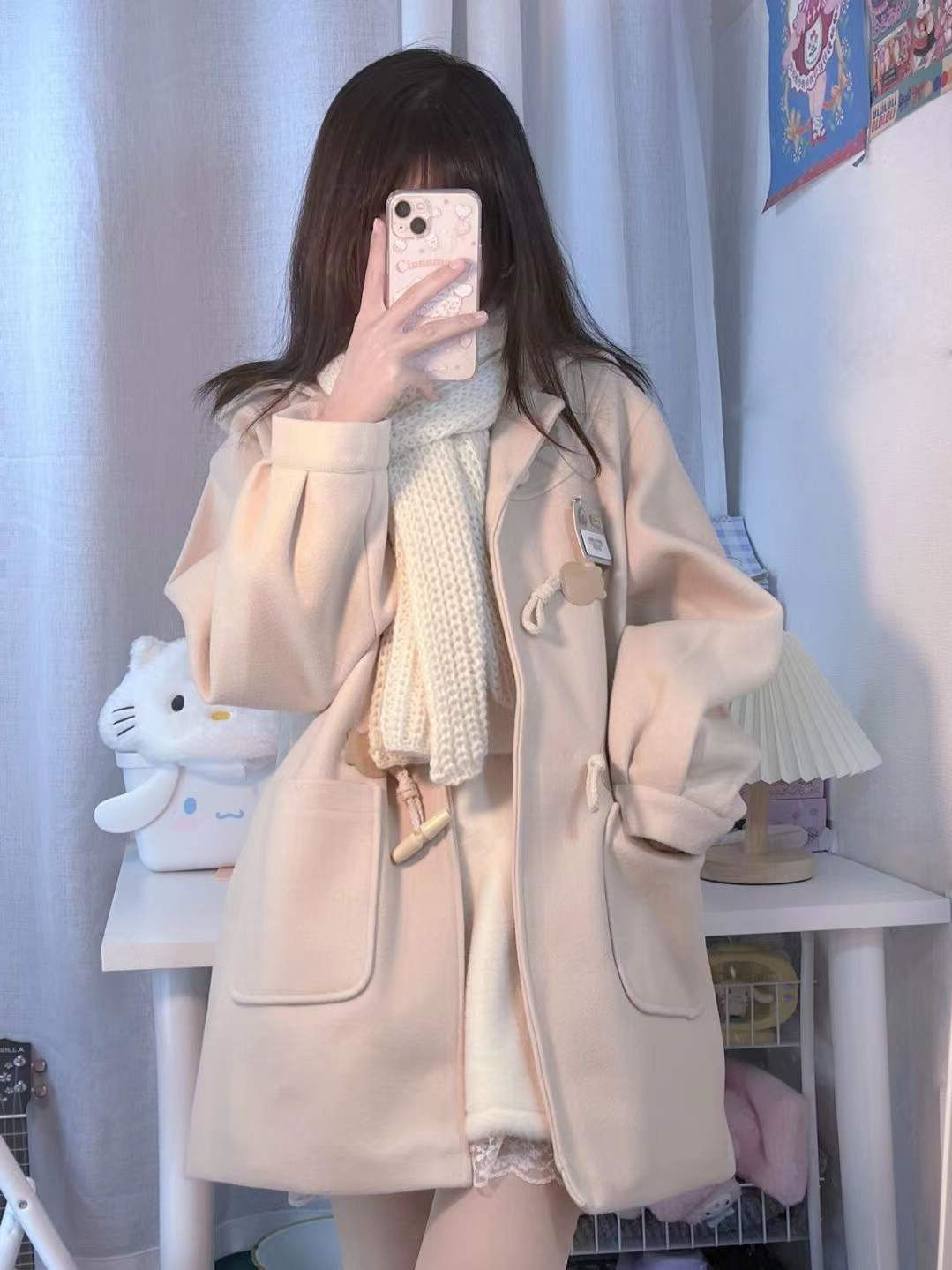 JK Uniform Women's Winter Horn Button Woolen Coat Women's College Style Small Medium Long Hooded Woolen Coat