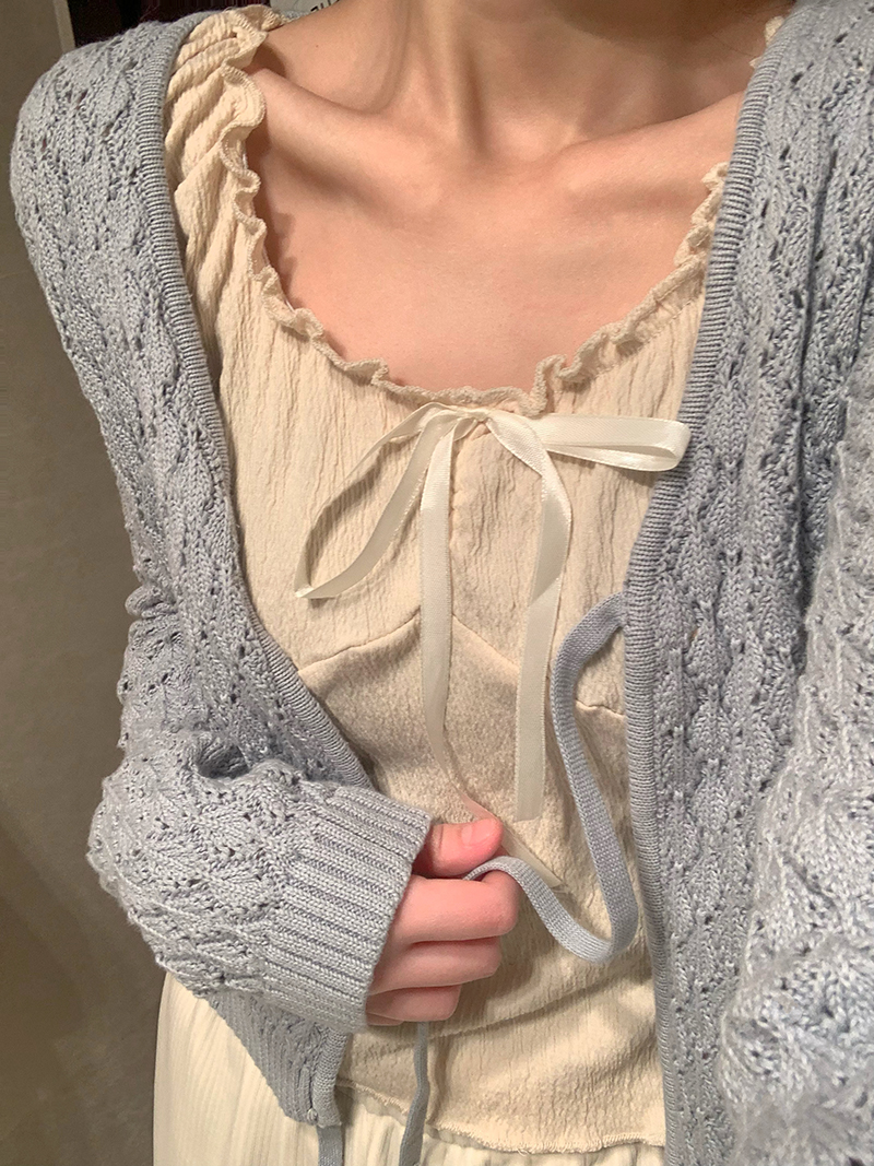 Real shot of American pure lust style versatile earring vest suspender + blue hollow lace-up sweater jacket
