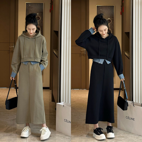 2303# Korean style contrasting color sweatshirt skirt suit for women autumn texture temperament fashion casual sports two-piece set