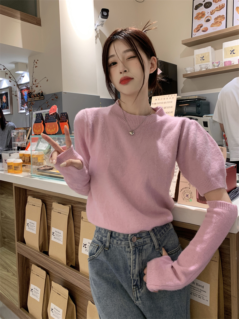 Real shot of designer knitted sweater for women with hand sleeves Korean style pullover sweater round neck long sleeve top short style detachable