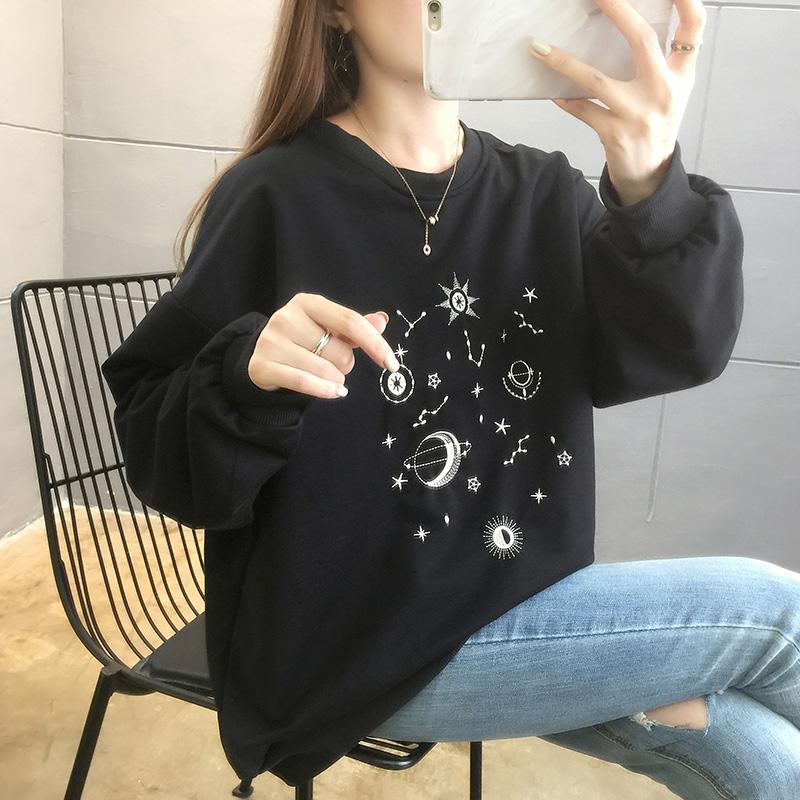 實拍大碼棉衛衣 2023秋季新款星月刺繡圖寬鬆遮肚圓領長袖衛衣潮