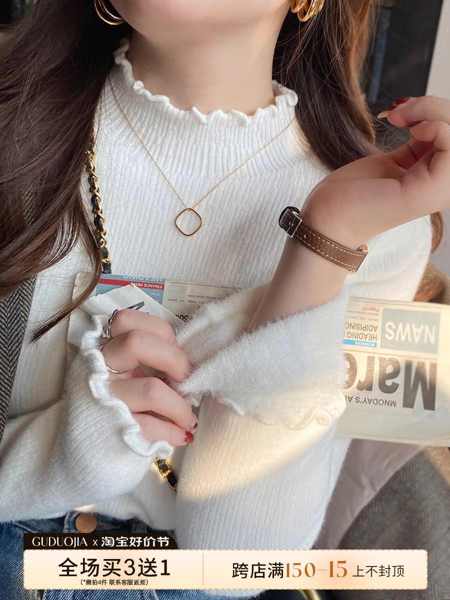 White sweater women's autumn and winter 2023 new inner fungus bottoming shirt plus velvet thickened warm half turtleneck top