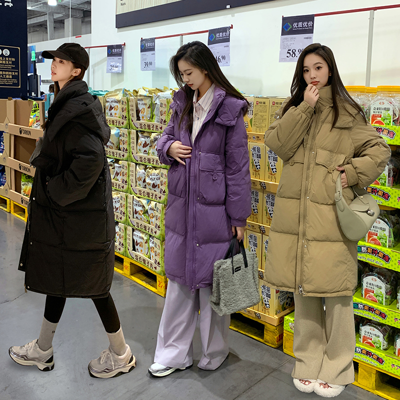 Real shot of down jacket and cotton coat for women, mid-length waisted hooded Korean version with large pockets, loose and thickened ins jacket and cotton coat