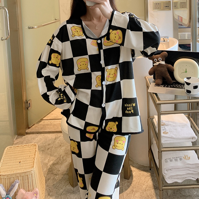 實拍睡衣女春秋季翻邊開衫寬鬆大碼可愛卡通甜美家居服套裝