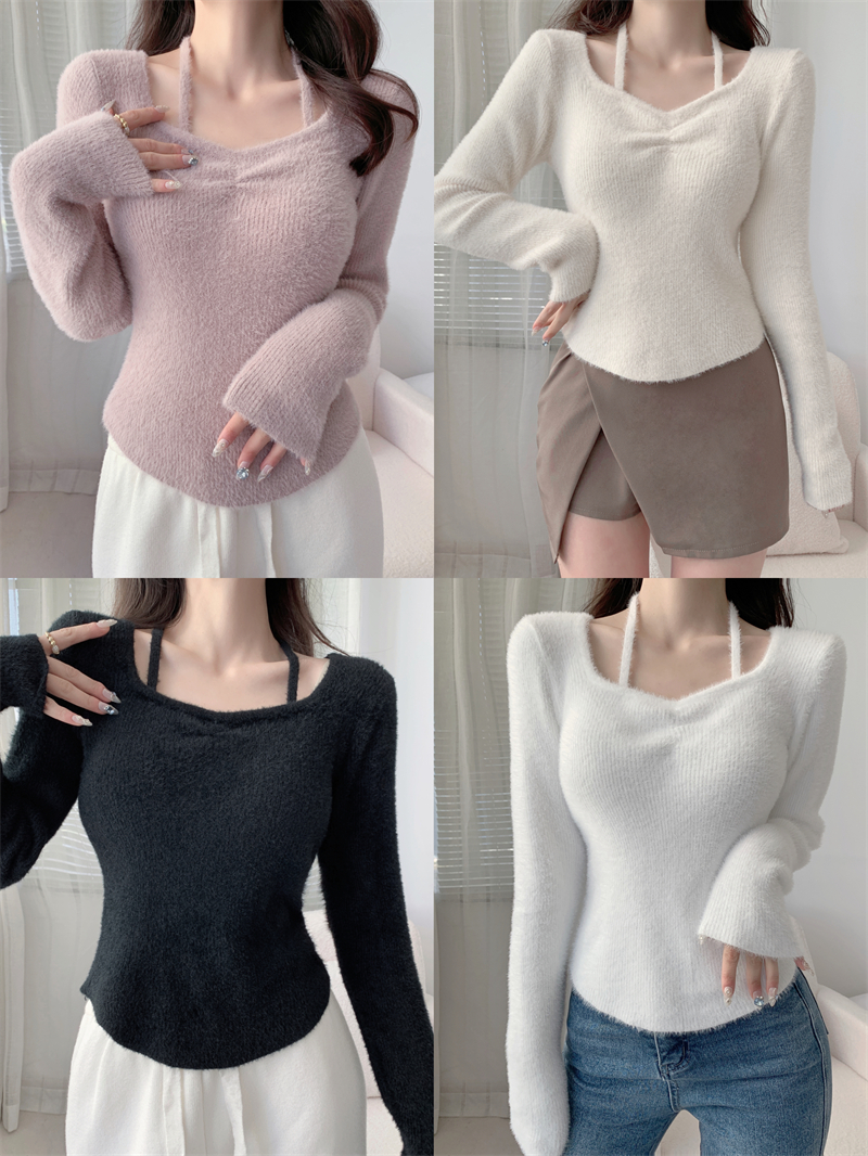 Real shot of high-end pure lust style strappy plush slim fit inner solid color sweater bottoming shirt