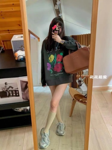 Rainbow Floating Island Oil Painting Hoodie Gray Printed Loose Sweatshirt Women Korean Style Oversize Top