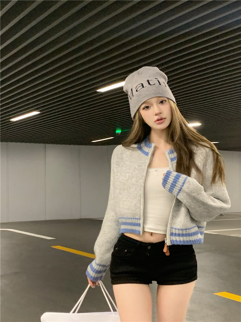 實拍~2023秋季新款韓版減齡撞色雙拉鏈短款開衫毛衣女針織衫