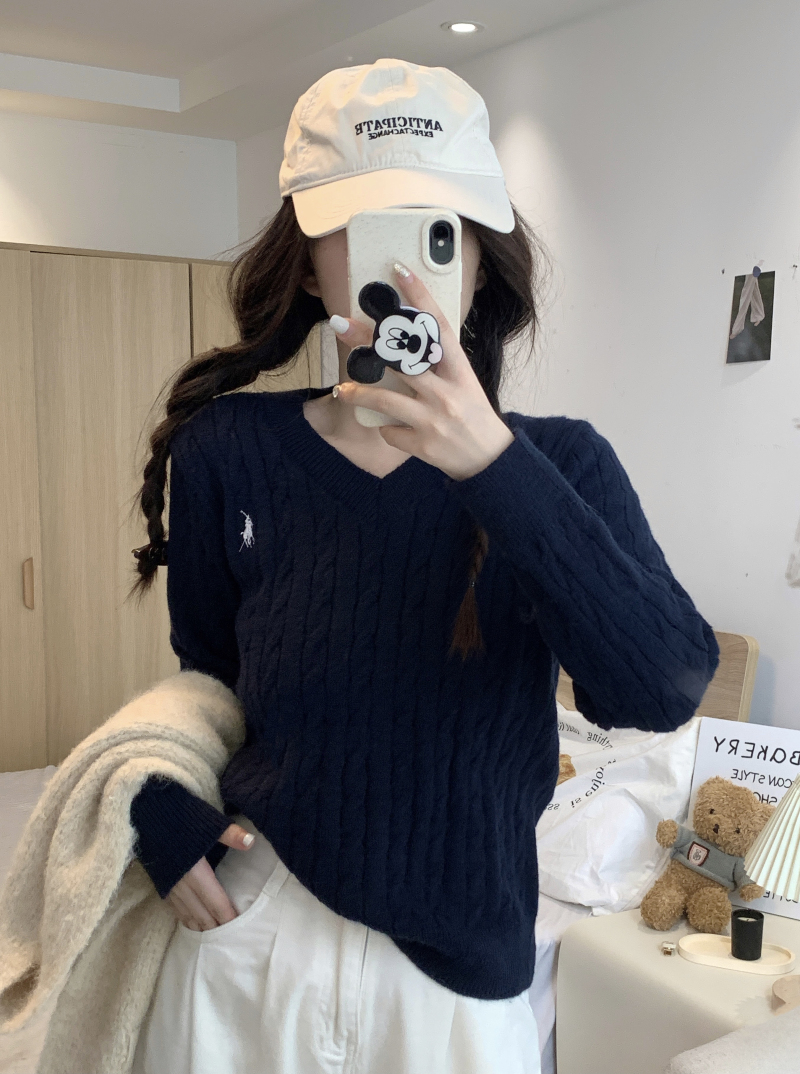 Real shot Twist V-neck pullover long-sleeved knitted sweater for women retro embroidery new ins autumn and winter top