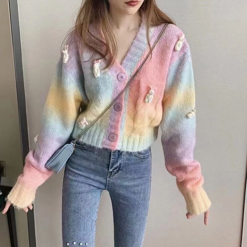 Short autumn and winter sweet rainbow v-neck mink velvet sweater cardigan for women soft and waxy lazy style knitted jacket