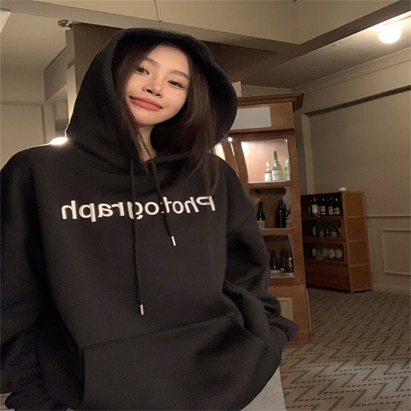 Velvet and thickened letter printed hooded sweatshirt for women new casual loose slimming long-sleeved top