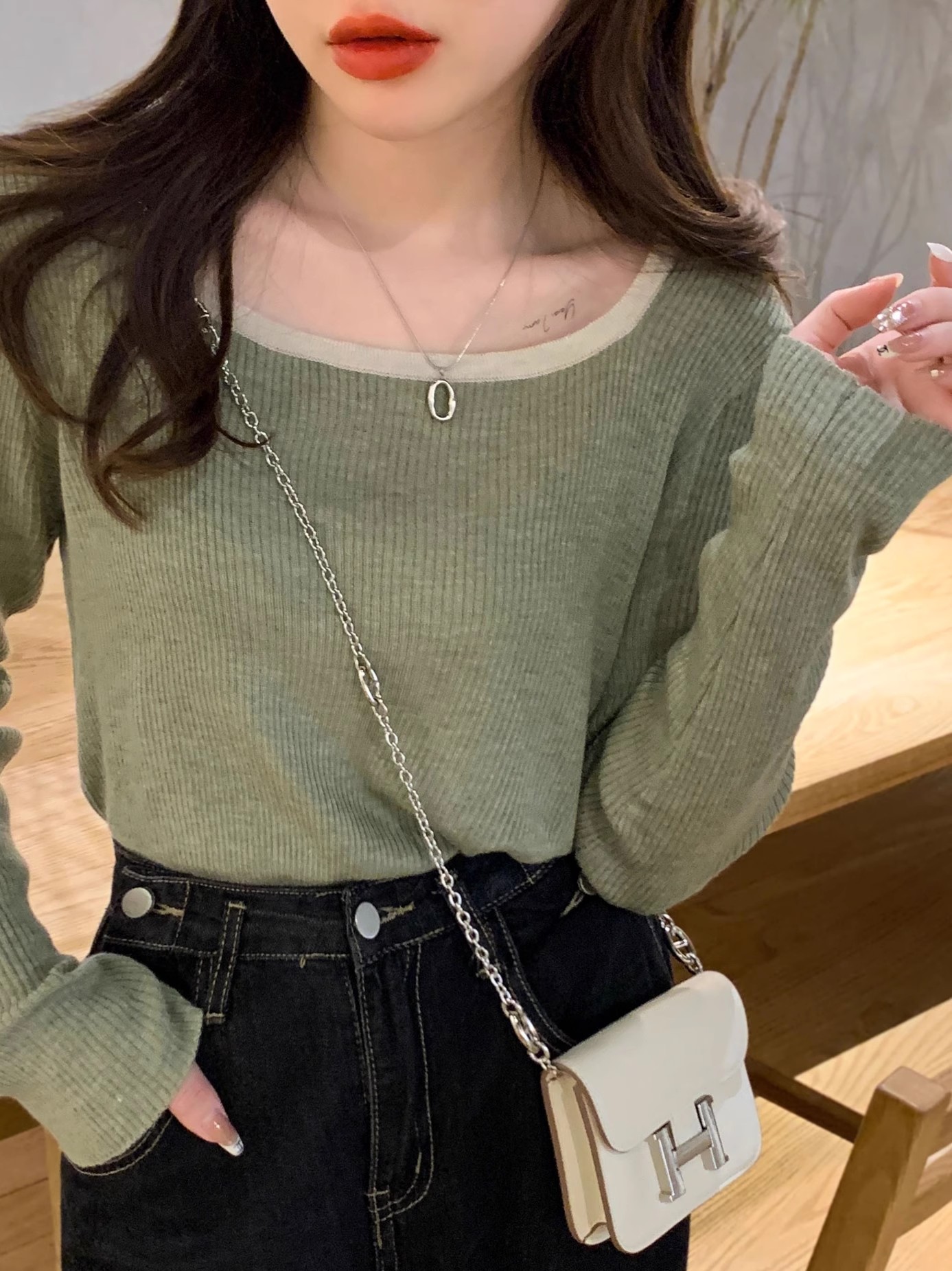 Early autumn knitwear new women's clothing 2023 early autumn wear long-sleeved tops autumn inner layering shirt square neck sweater