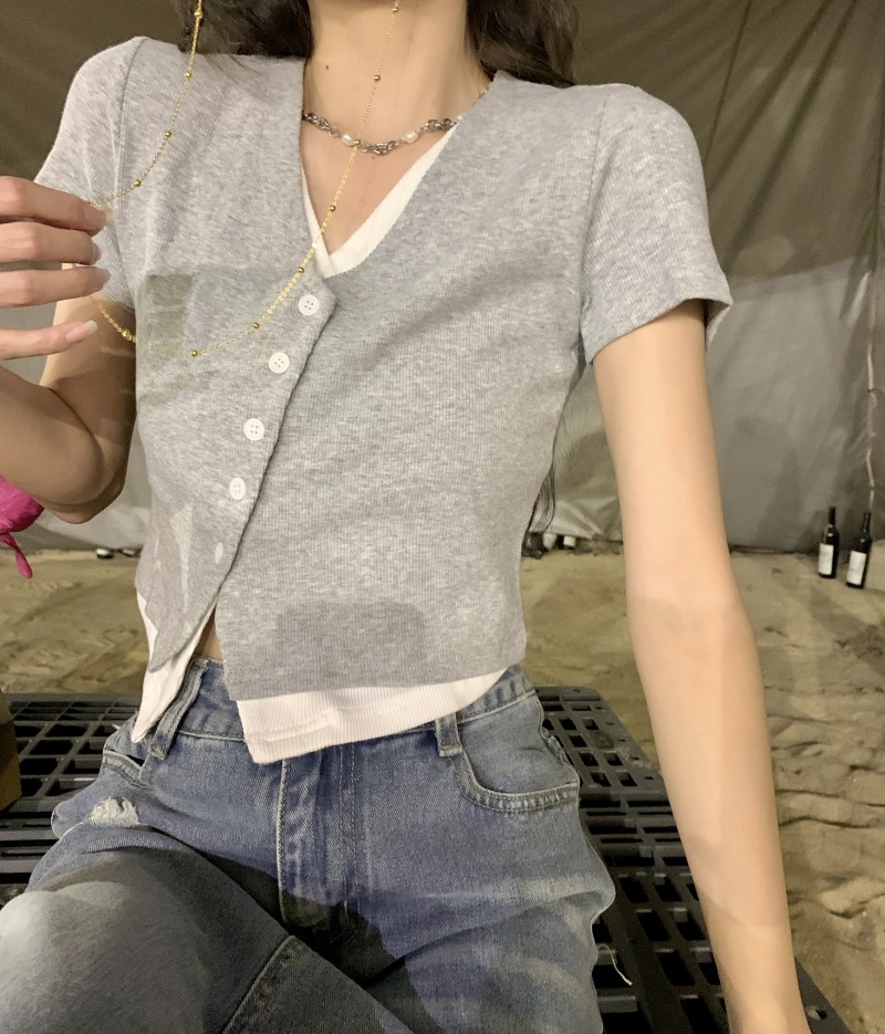 韓國東大門撞色拼接v領假兩件短袖T恤女新款設計感修身開衫上衣