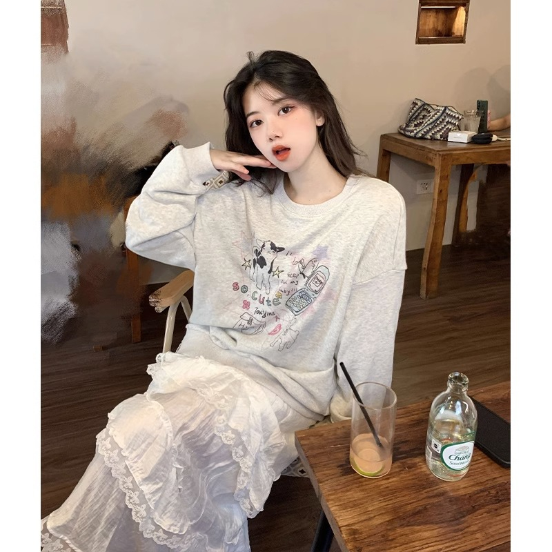 CVC棉麵食毛華棉複合/牛奶絲320克銀狐絨400克前 印花圓領衛衣女
