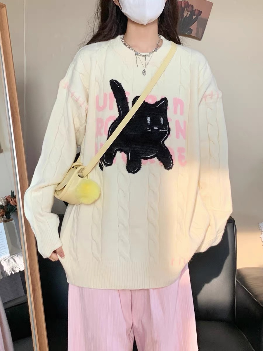 做夢特長生 日系卡通小黑貓刺繡針織毛衣男女圓領慵懶風套頭上衣