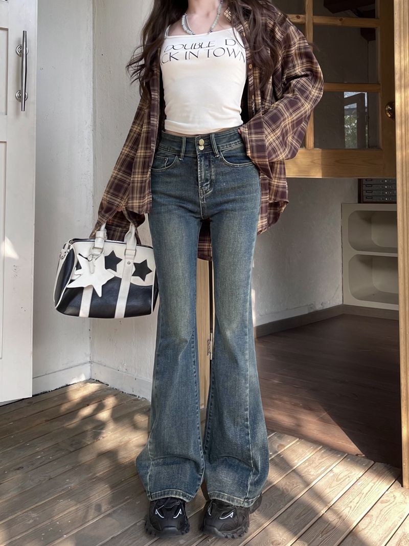 實拍#彈力微喇叭牛仔褲女設計感兩粒扣修身顯瘦闊腿拖地褲子