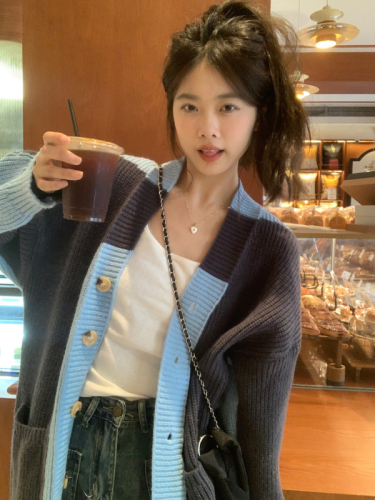Real shot~French lazy style contrasting color loose and versatile sweater cardigan knitted long coat~
