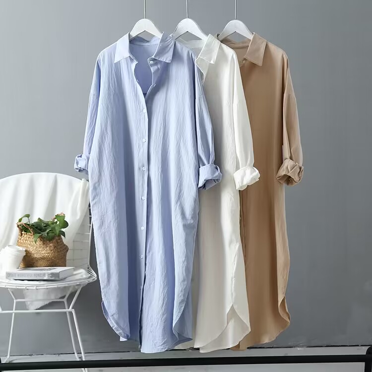 Shirts for women spring and autumn new fashion Korean style solid color versatile tops mid-length loose shirts long-sleeved plus size tops