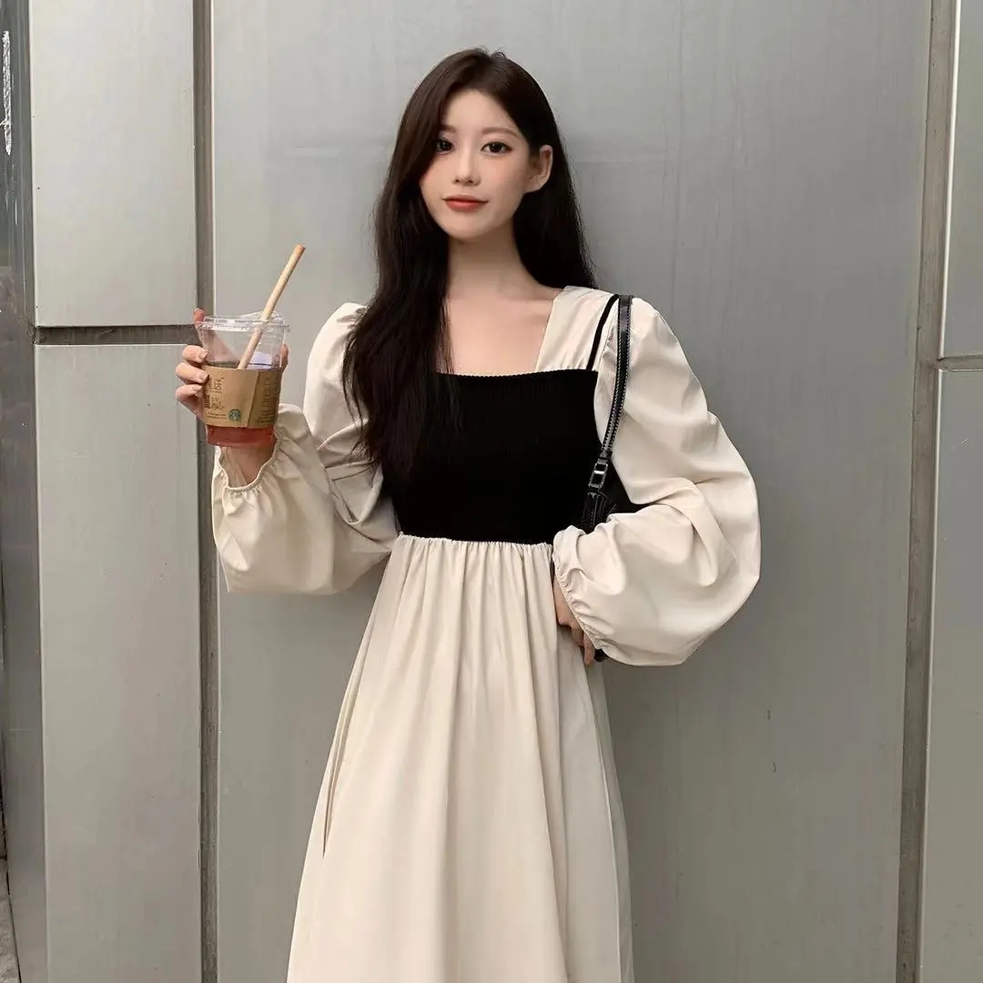 初戀茶歇裙女夏新款甜美氣質方領復古假兩件長裙