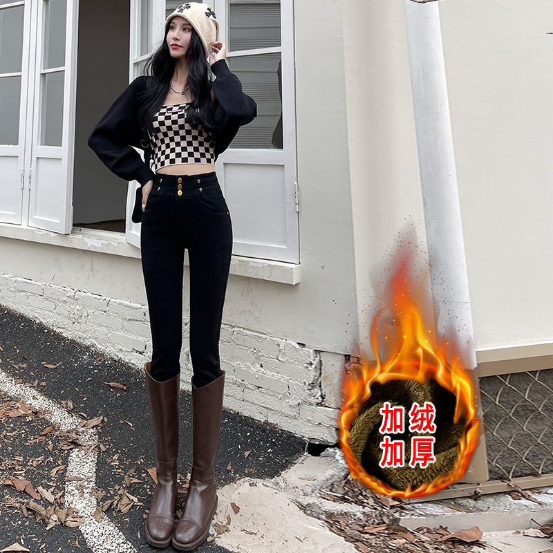 實拍2023秋冬加絨加厚高腰彈力修身小腳褲牛仔褲女