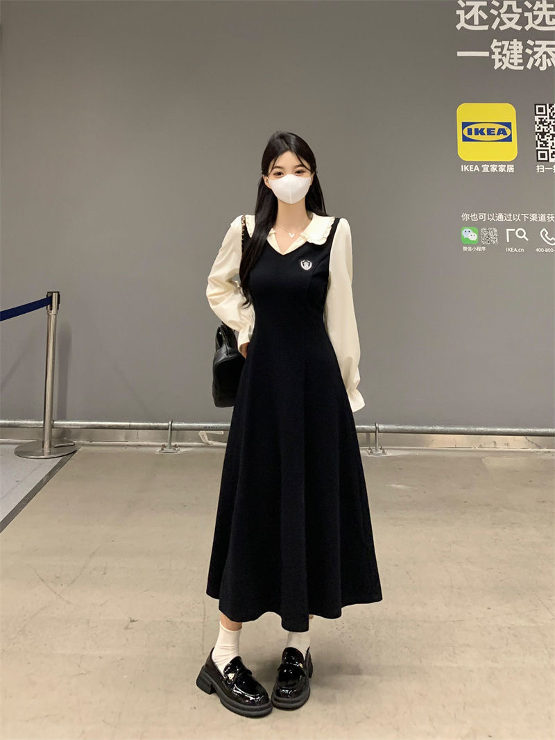 黑色學院風倫敦藝術生連衣裙女秋季2023新款顯瘦中長裙