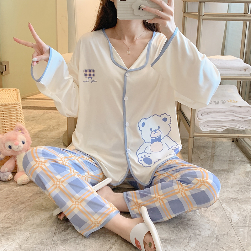 實拍睡衣女春秋季翻邊開衫寬鬆大碼可愛卡通甜美家居服套裝