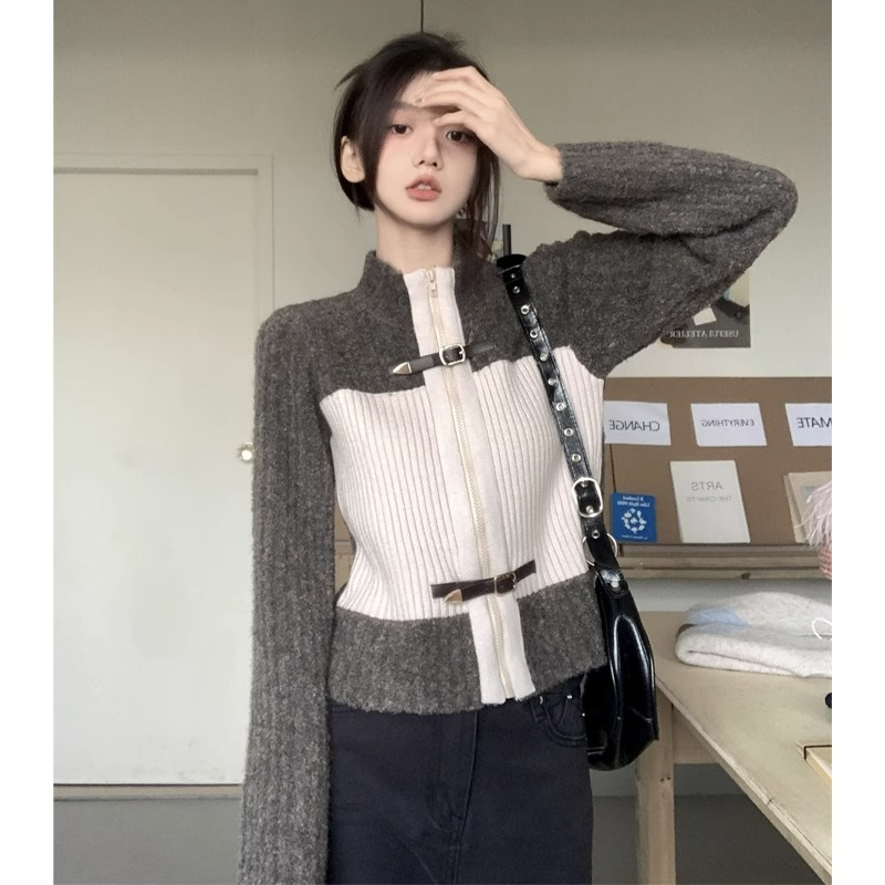 Sheep wool 2023 new style zipper half turtleneck knitted cardigan sweater trendy top