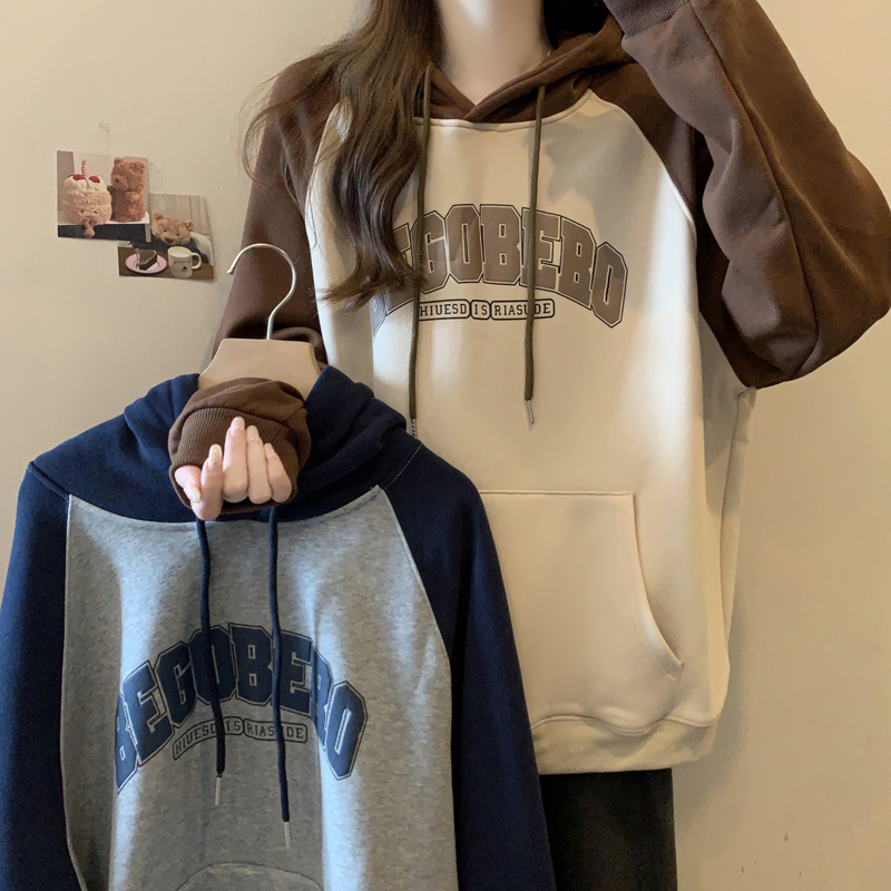 Actual shot of back collar Chinese cotton thin stitched contrast color long-sleeved hooded sweatshirt for women