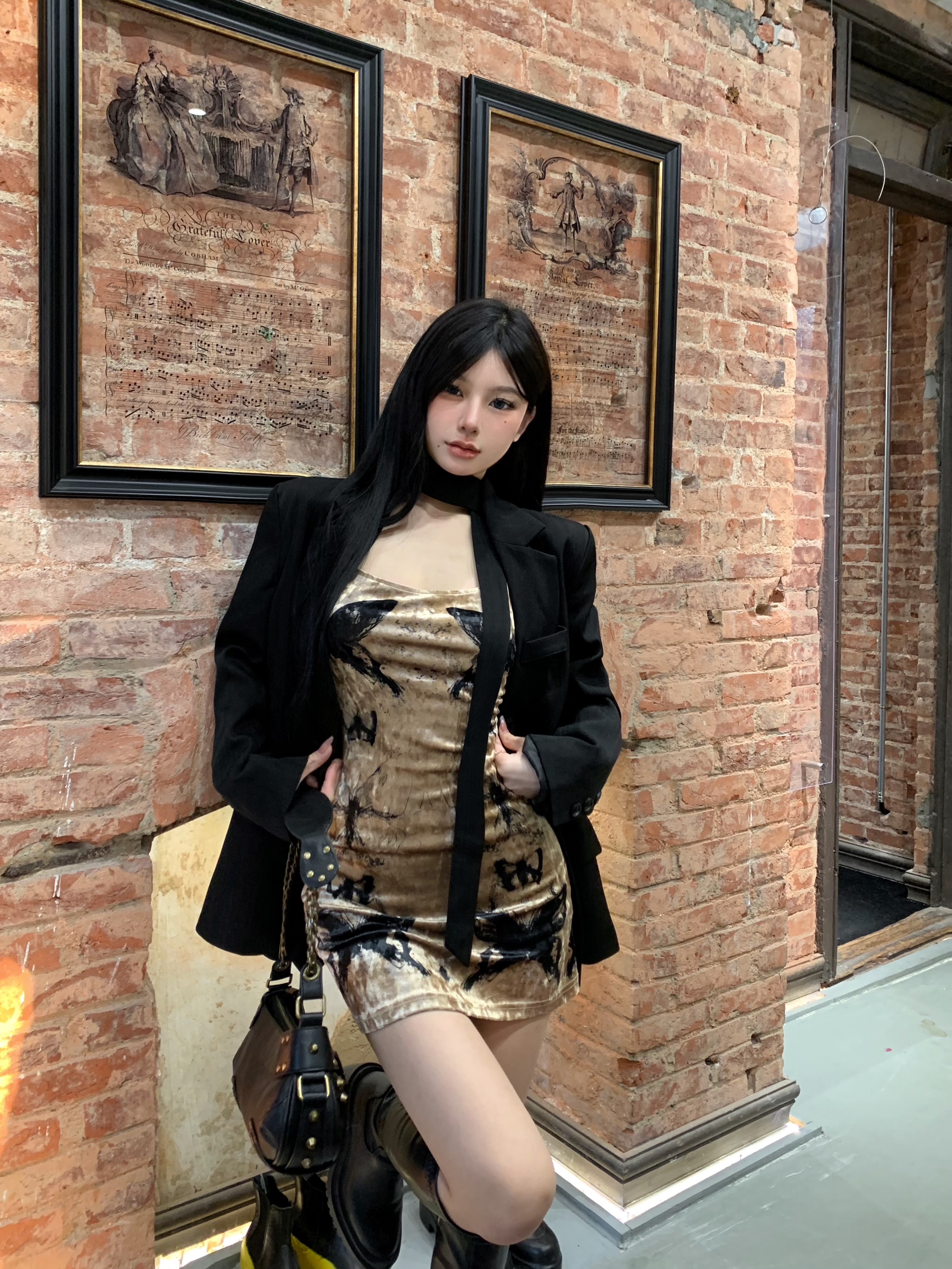 Real shot ~ Retro suit jacket, ink print, waist strap dress, cardigan, hot girl two-piece set
