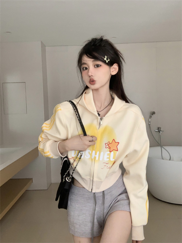 American retro fashion contrasting color hooded sweatshirt early autumn  new design short long-sleeved jacket tops for women