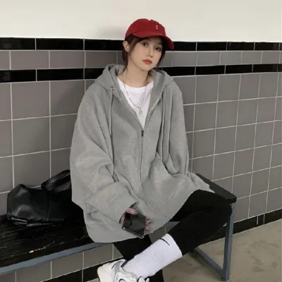 加絨灰色連帽衛衣女ovesize外套寬鬆bf慵懶風早秋上衣