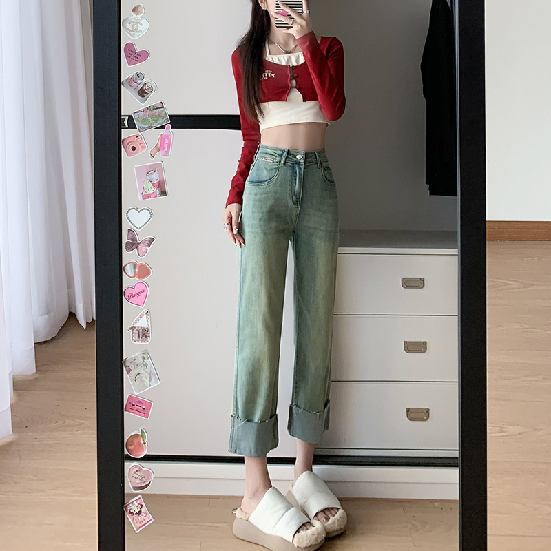 實拍2023秋季韓版百搭時尚彈力顯瘦九分牛仔褲女