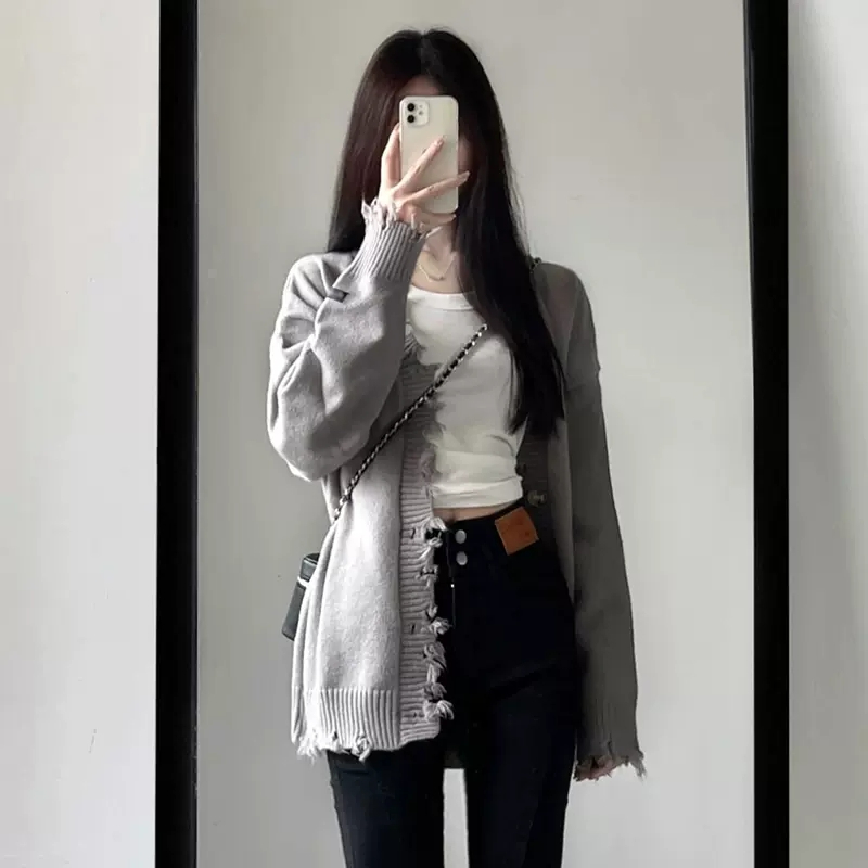 Sheep velvet gray V-neck raw edge knitted cardigan for women autumn new loose outer shawl top jacket