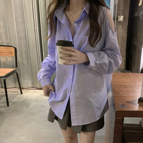 Off-shoulder striped shirt women's early autumn design niche loose and slim mid-length shirt long-sleeved top