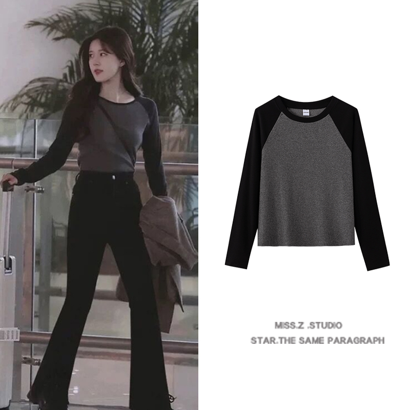 Tmall quality original contrast color long-sleeved T-shirt for women, American style right shoulder slim slimming bottoming shirt with inner top