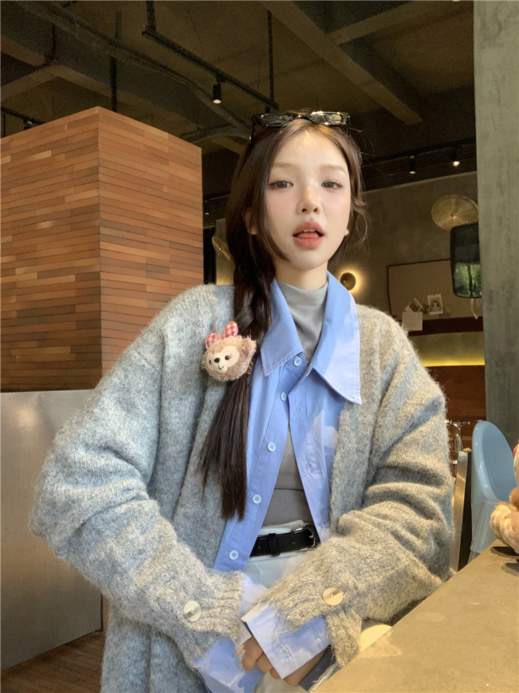 實拍~韓版秋冬百搭毛織花紗寬鬆V領長袖開衫外套