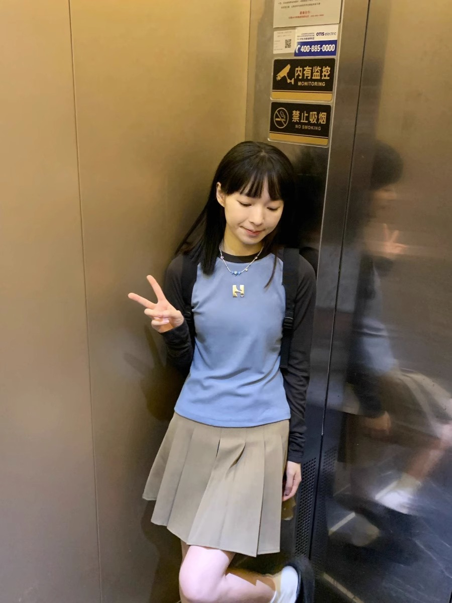 HYPOXIA秋季新款插肩撞色復古修身辣妹長袖上衣顯瘦打底衫女