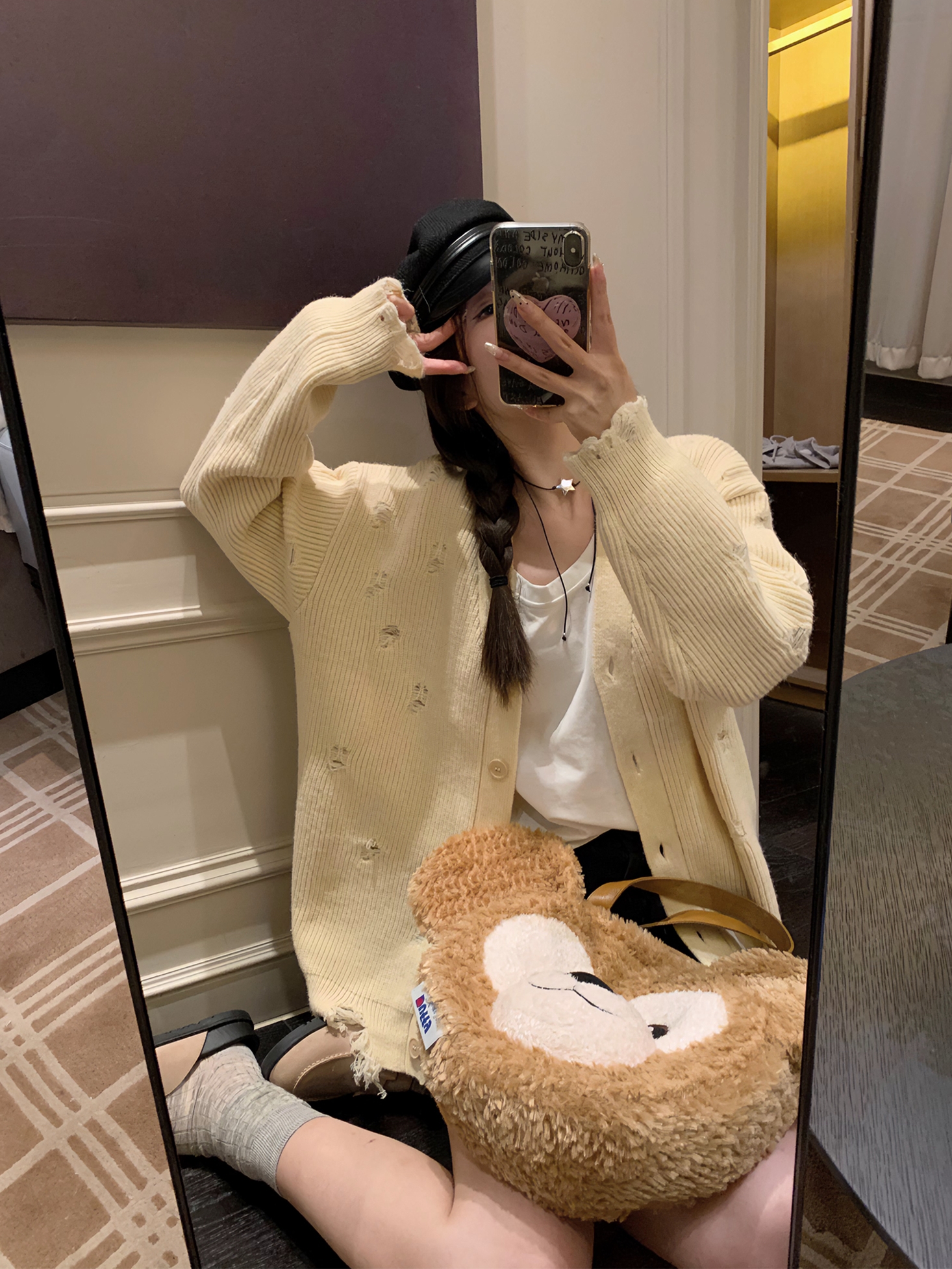 ASHENONLINE California Marshmallow Loose Top Ripped Cardigan Jacket Beige Sweater Women's Autumn and Winter