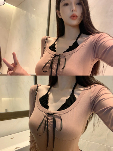 Actual shot of pure lust hottie’s design fake two-piece halterneck waist slimming long-sleeved T-shirt top