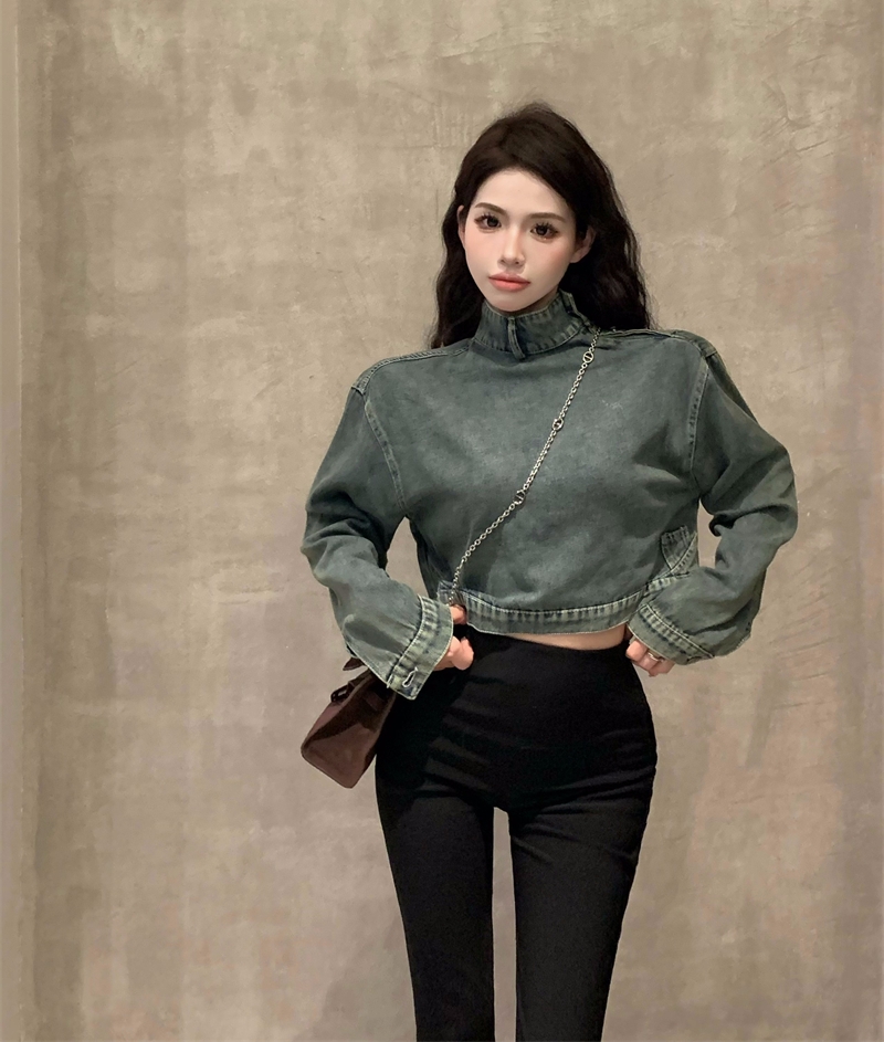 Real shot of retro personalized design niche Hong Kong style short pullover chic denim jacket top for women