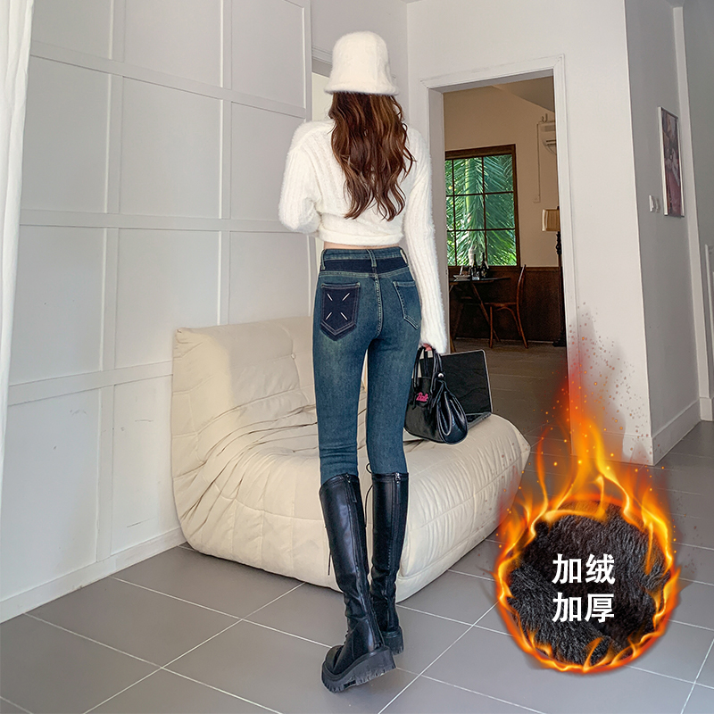 實拍2023秋冬新款彈力小腳褲加絨加厚牛仔褲女