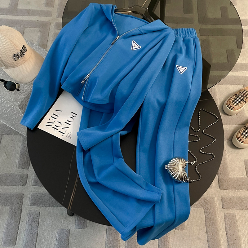 Blue suit for women autumn 2023 new zipper sweatshirt wide leg pants sports casual fashion two-piece set